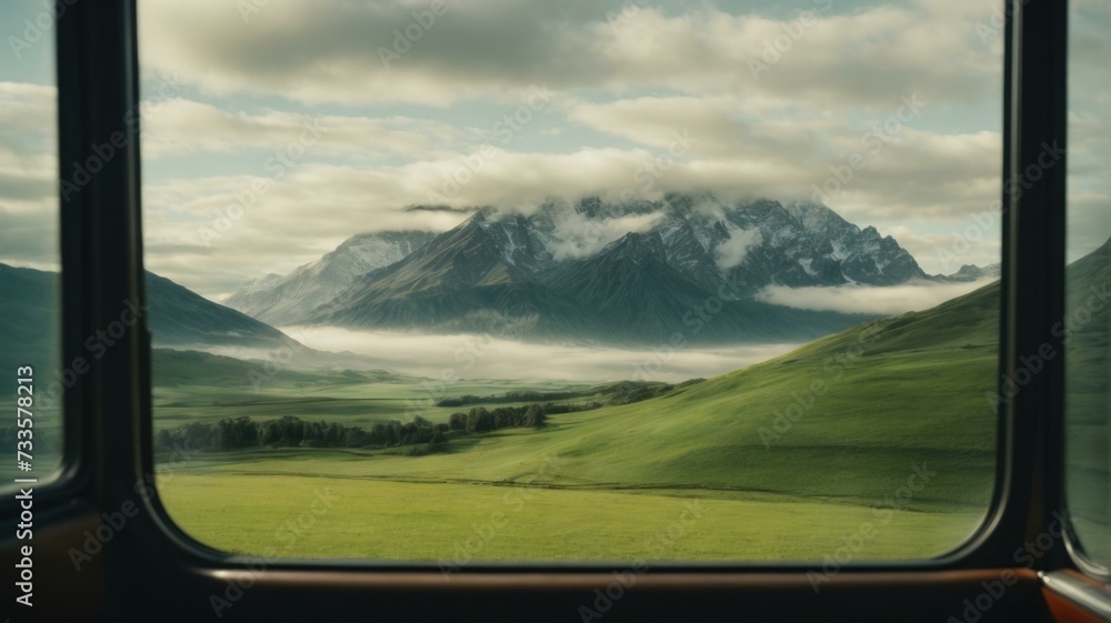 Aufkleber a view of the mountains from a train window. generative ai.