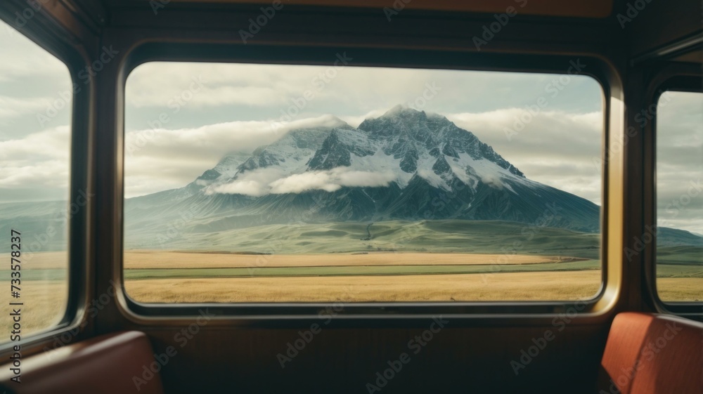 Poster a view of a mountain from a train window. generative ai.