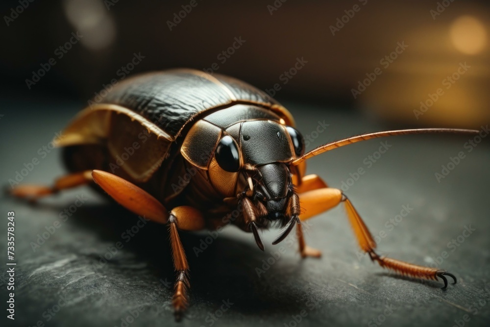 Poster a close up of a cockroach on a dark surface. generative ai.