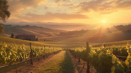Golden sunset casting a warm glow over endless vineyards