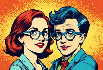 colorful cartoon pop art style illustration of a nerd nerdy man woman couple with glasses in love