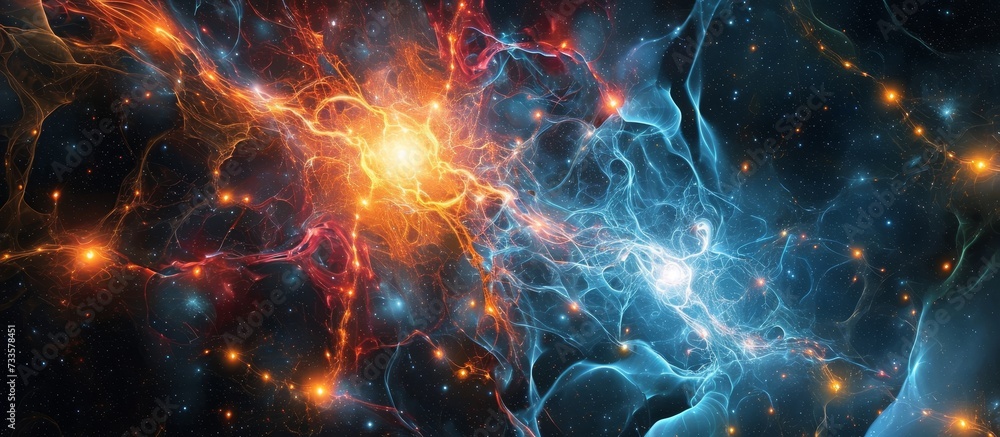 Poster computer generated image of galaxy collision in space