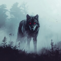 Mystical wolf with sharp red eyes in a misty area with a forest background. Creepy, eerie, horror, scary concept. Great for website blogs, inspiration etc. Generative AI