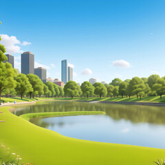 Animated cartoon city lake view