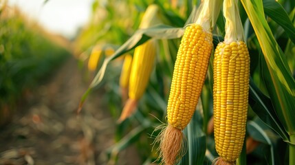 Fototapeta premium Corn cobs stand tall in a lush corn plantation field, ripe for harvest, Ai Generated.