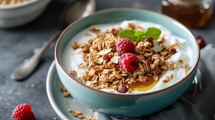 Granola arranged in a plate with yogurt and honey, a wholesome breakfast, Ai Generated.