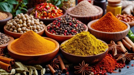 Assortment of aromatic, colorful spices and herbs, a feast for the senses, Ai Generated.