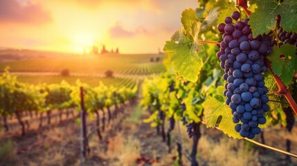 Ripe grapes bask in the sunset glow of a vineyard in Tuscany, Italy, Ai Generated.