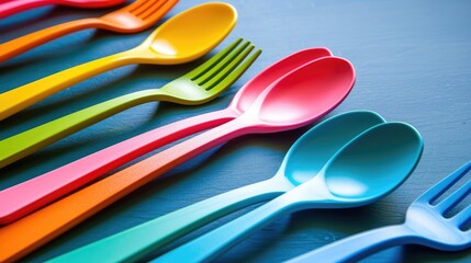 Set of colorful forks and spoons adds a vibrant touch to any dining experience. Ai Generated.