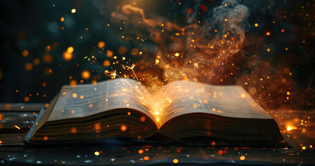 Open book emits sparks, igniting imagination with fiery literary magic, Ai Generated.