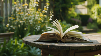 Book rests open on garden table, pages ruffling in nature's serene embrace, Ai Generated.