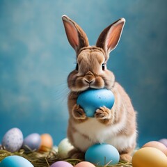 Fototapeta na wymiar Easter bunny rabbit with blue painted egg on blue background. Easter holiday concept