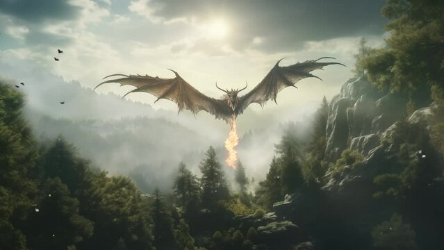 dragon flying over a misty  fantasy forest fantasy. seamless looping overlay 4k virtual video animation background 