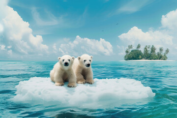 Polar bear cubs stranded on a melting ice floe amidst a tropical ocean