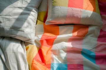 Close up of multicolored bedding sheets in the sunlight.