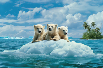 Polar bear cubs stranded on a melting ice floe amidst a tropical ocean