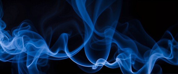 Ethereal blue smoke waves dance gracefully against a dark backdrop; an abstract art piece exuding mystery and elegance