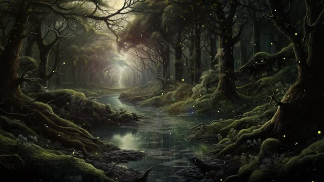 dark forest panorama fantasy landscape fantasy landscape. seamless looping overlay 4k virtual video animation background 