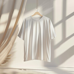 Tshirt White MockUp Isolated displayed against a backdrop of Surroundings with a Fabric Texture stylish Shadow effect, tshirt only no model
