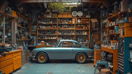 Papier Peint photo autocollant Voitures anciennes Vintage car in a cluttered garage