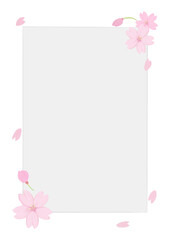 桜の花びらが舞うフレーム、アナログ手描き風味、コピースペース有り、メッセージカード、縦
