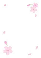 桜の花びらが舞うフレーム、アナログ手描き風味、コピースペース有り、メッセージカード、縦