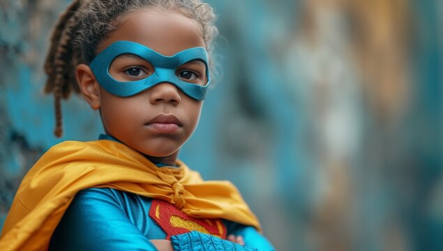 Child in superhero costume with a confident gaze.