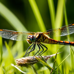 Macro shot of a dragonfly perched on a blade of grass