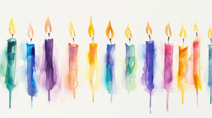 Vivid watercolor birthday candles lined up on a white canvas