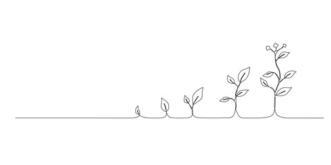 Continuous one line drawing growing plant. Seeds sprout in ground. Seedling gardening plants, sprouts. Single line draw vector graphic illustration