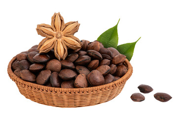 Plukenetia volubilis or Sacha inchi dried fruits ,seeds and green leaf isolated on transparent background.