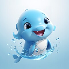 flat logo of Cute baby dolphin with big eyes lovely little animal 3d rendering cartoon character