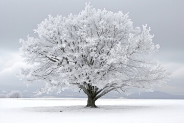Fototapeta premium An icy tree stands as a silent sentinel in a snow-covered realm