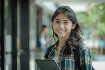 College Student Smiling with Tablet Outside Campus. A cheerful young female student holding a digital tablet stands outside a university building.