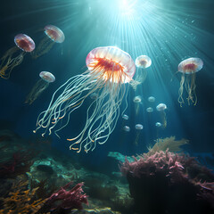 Surreal underwater scene with floating jellyfish.