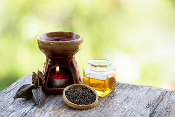 Aromatherapy with abelmosk or abelmoschus moschatus dired fruits ,seeds and essential oil on...