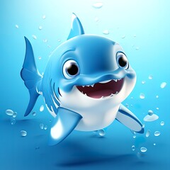 flat logo of Cute baby shark with big eyes lovely little animal 3d rendering cartoon character
