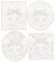 A set of contour illustrations in the style of stained glass with cute portraits of deer, dark contours on a white background