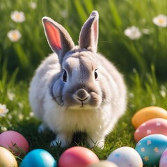 Easter bunny rabbit with painted eggs on grass lawn. Easter holiday concept. 