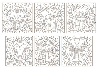 A set of contour illustrations in the style of stained glass with cute animals, dark contours on a white background