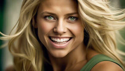 A Dynamic Scene as a Blond, Green-Eyed Woman Commands the Camera's Gaze