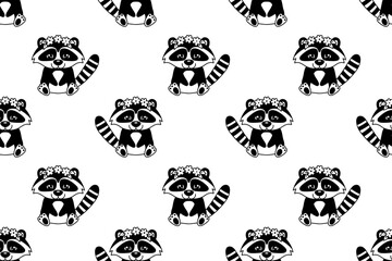 Seamless monochrome pattern with cute baby raccoon character with flower wreath on head. Black and white vector childish illustration for kids