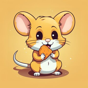 flat logo of Cute mouse eating cheese cartoon