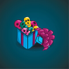 Open gift box with vector different skulls . Can be used in game design. Vector illustration