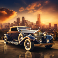Vintage car with a city skyline in the background. 