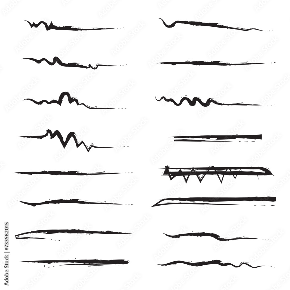 Poster hand drawn collection of underline strokes in brush doodle style. vector scrawls elements, swashes, 
