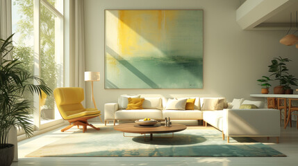 Light-filled living room with spring-inspired yellow accents, a splash of abstract wall art, and tranquil blue tones.