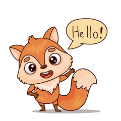 Cartoon mammal with happy gesture and speech bubble saying hello. Vector