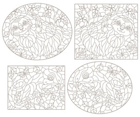 A set of contour illustrations in the style of stained glass with cute sloth and chameleon on tree branches, dark contours on a white background