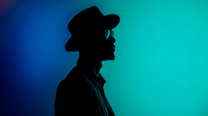 Stylish black man wearing hat and sunglasses under blue cool tones